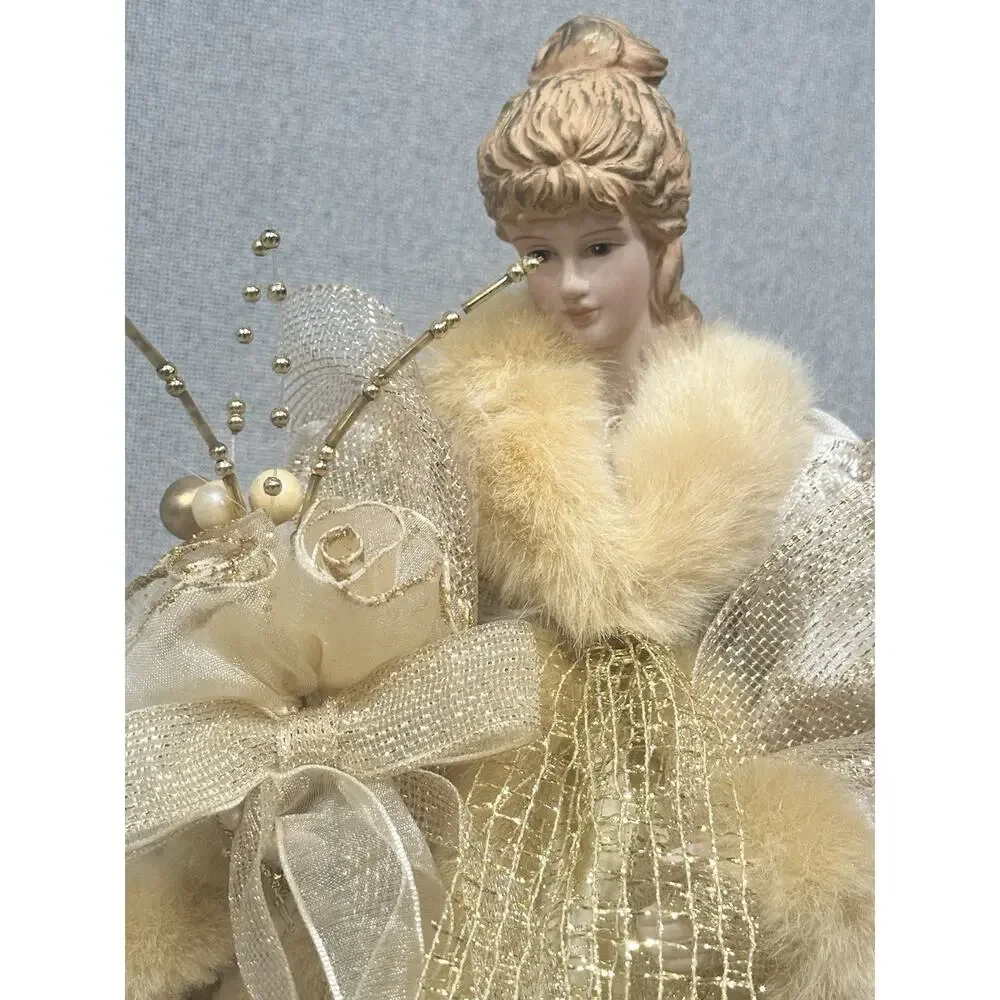 Vtg Lace Satin Angel Tree Topper/table Top Porcelain Face Embroidered 12 in Gold